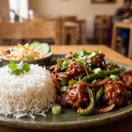 Chilli chicken with rice